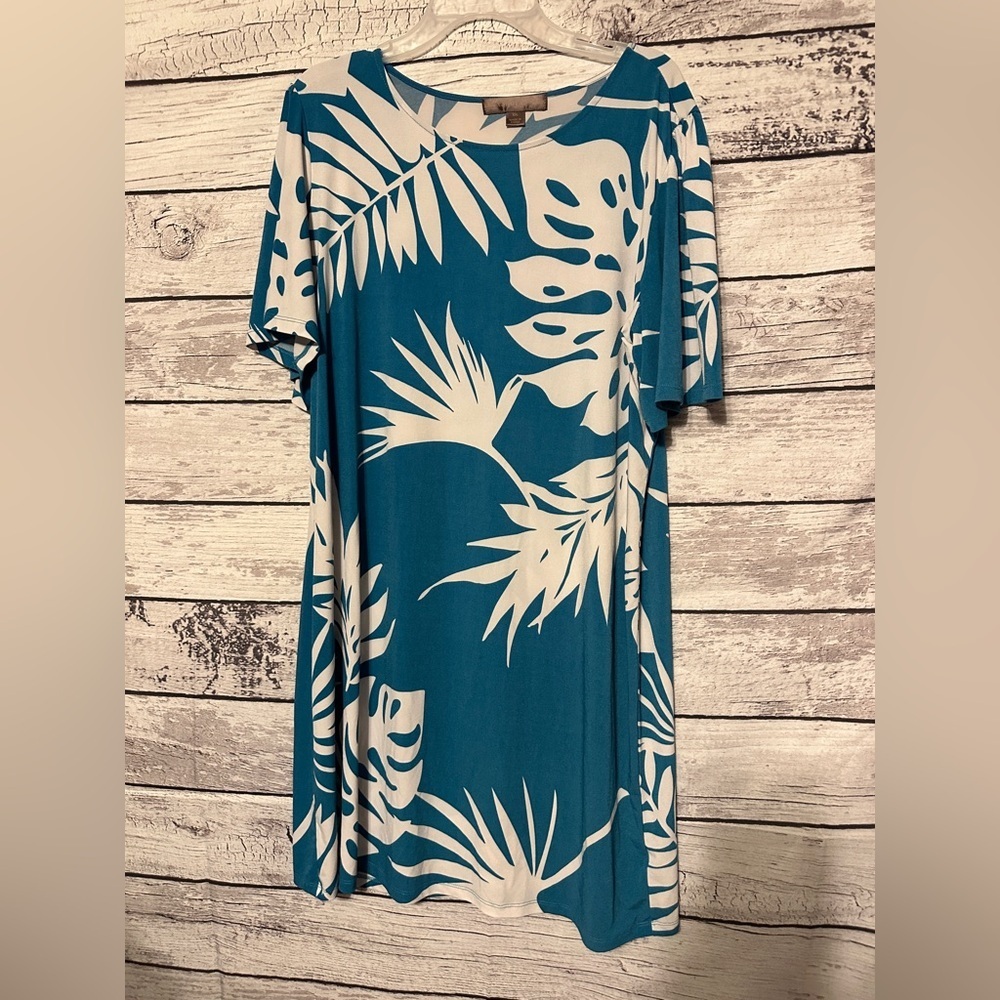 Alexandra + Oak Blue & White Tropical Leaf Print Dress | Size XXL